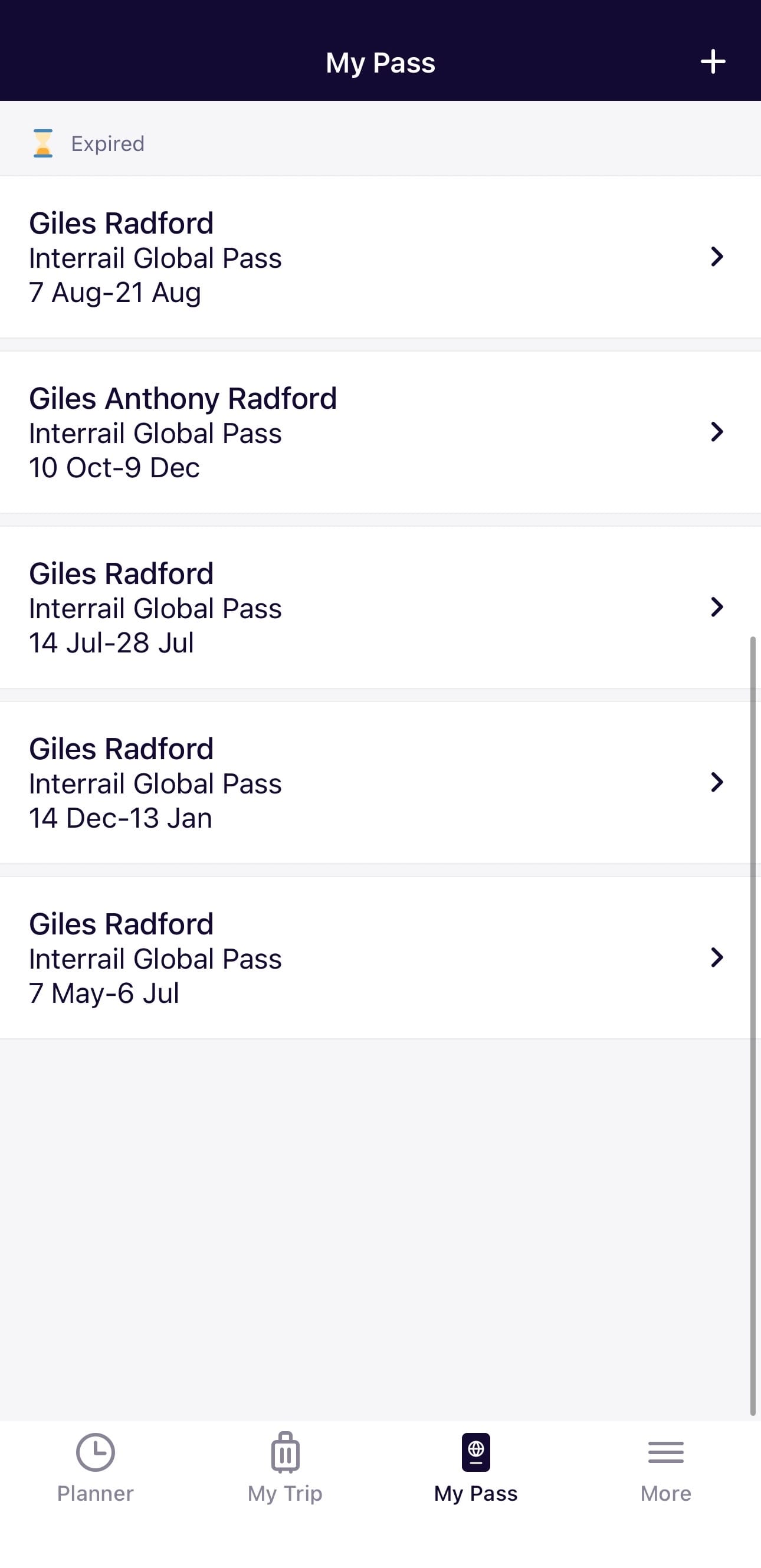 A screen from the Rail Planner app showing my expired passes. They are all in my name, and all Global Passes. The dates are 7 Aug-21 Aug, 10 Oct-9 Dec, 14 Dec-13 Jan, 7 May-6 Jul, 14 Jul-28 Jul