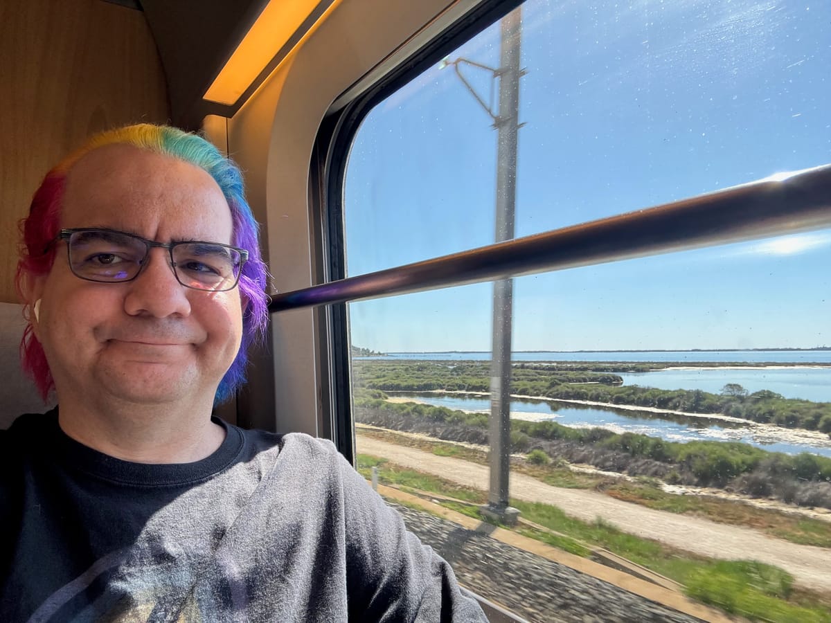 Picture of Moof, with rainbow-coloured hair, on a train, with a view of salt flats out of the train window