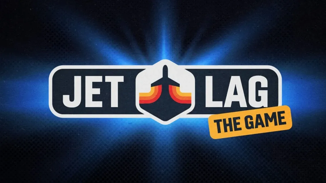 The Jet Lag: The Game logo, with a stylised plane with red, orange and yellow lines leading out of it